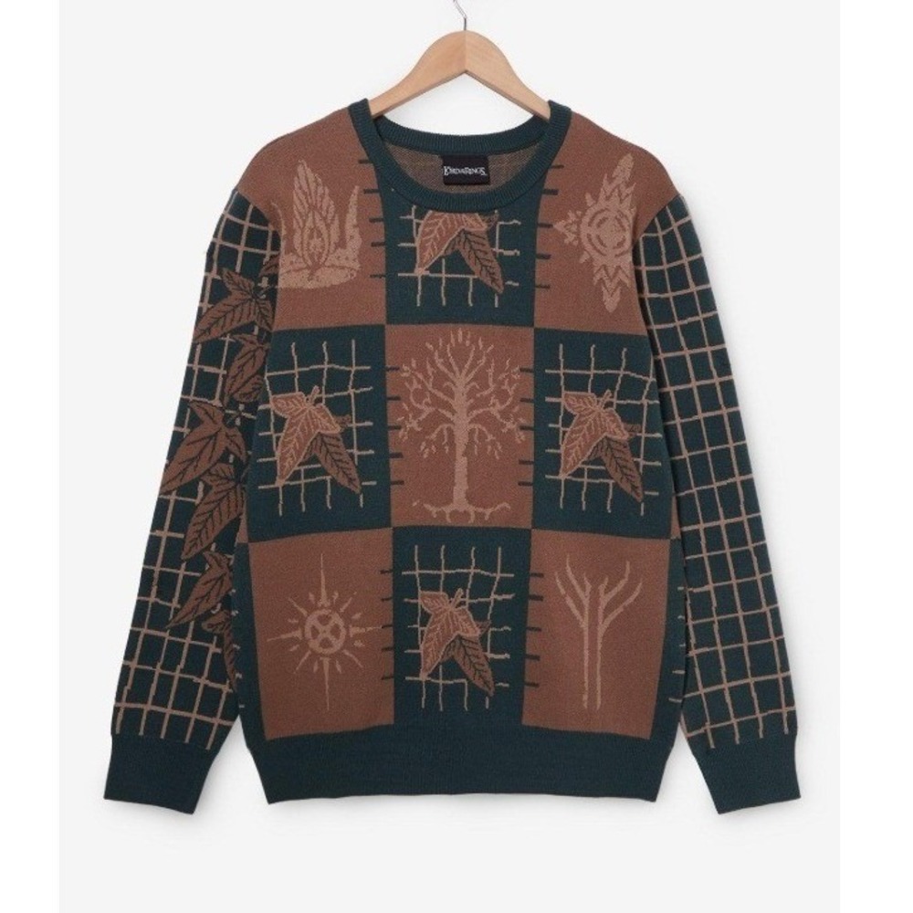 Lord of the Rings BoxLunch Mens Small Icon Green Brown Knit Sweater LOTR‎ RARE
